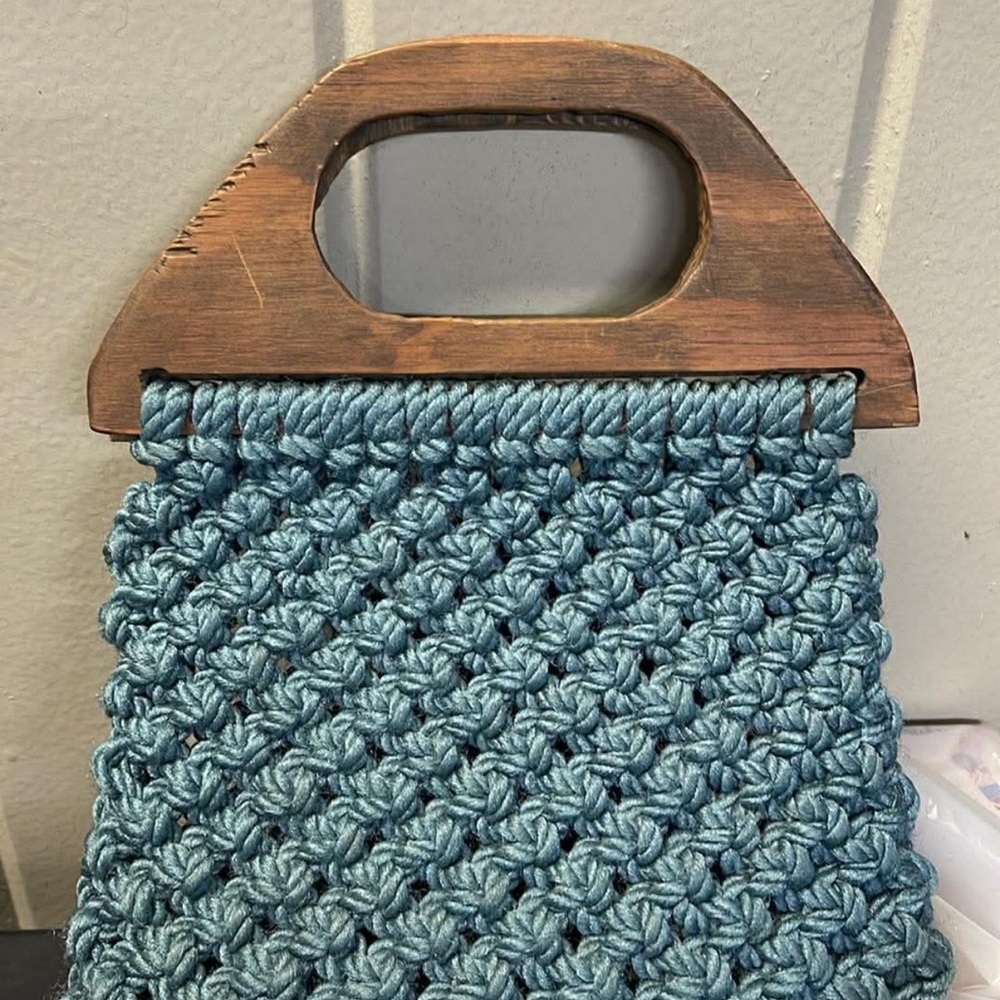 Vintage Handmade Teal Crochet Purse with Wooden Handles